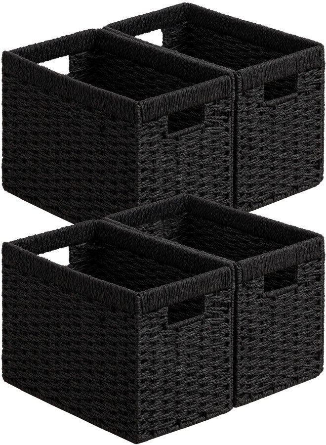 UBBCARE 4 Pack Wicker Basket, 13.4L×8.3H×7.1W inch Woven Paper Rope Storage Baskets for shelves, Foldable Rectangular Storage Baskets with Handle, Storage Basket for Organizing, Black - Image 1